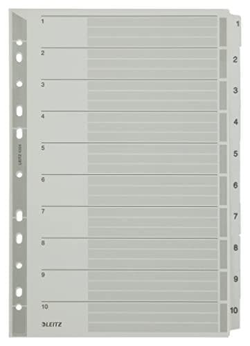 Leitz-rekisteri A4, kansilehti ja 10 jakajaa, kielekkeet painettu numeroilla 1-10, rei'itetty reuna ja värilliset kielekkeet, kalvovahvistettu (Mylar)