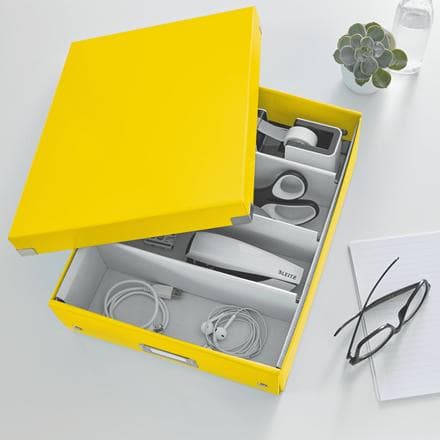 Leitz WOW Click & Store Medium papopbevaringsboks med låg - Pladsbesparende sorteringsboks med rum - 28,1 x 10 x 37 cm (BxHxD) - Ideel til kontor og h