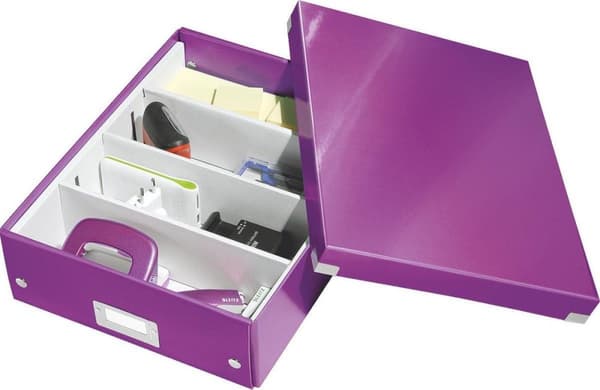 Leitz WOW Click & Store Medium papopbevaringsboks med låg - Pladsbesparende sorteringsboks med rum - 28,1 x 10 x 37 cm (BxHxD) - Ideel til kontor og h