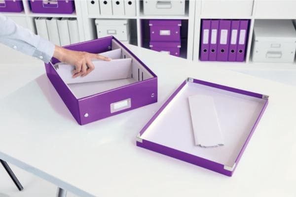 Leitz WOW Click & Store Medium papopbevaringsboks med låg - Pladsbesparende sorteringsboks med rum - 28,1 x 10 x 37 cm (BxHxD) - Ideel til kontor og h