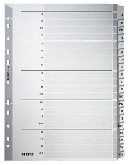 LEITZ Mylar pahvirekisteri, AZ, A4, 20 osaa, harmaa 160 gsm, kirjoitettavalla kansilehdellä, kielekkeellä ja rei'ityksellä (4328-00-00)