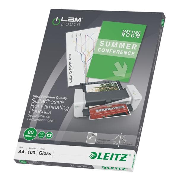 Leitz självhäftande lamineringspåsar för varmlaminering - för förvaring av A4-dokument - Lämplig upp till 80 mikron - 100 stycken