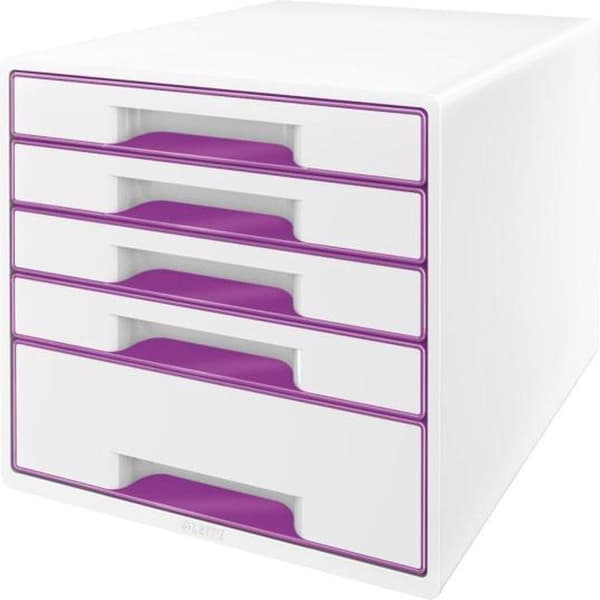 Leitz WOW Cube skuffeenhed med 5 skuffer - Opbevaring med rum - Til kontor og hjemmearbejde - Ideel til hjemmekontor - Hvid/lilla