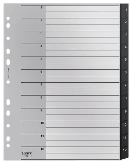 Leitz Recycle Index Tabs 1-12 - Muoviset A4-kielekkeet - Erittäin leveät - 90 % kierrätettyä muovia, ilmastoneutraali ja 100 % kierrätettävä - Kestävy