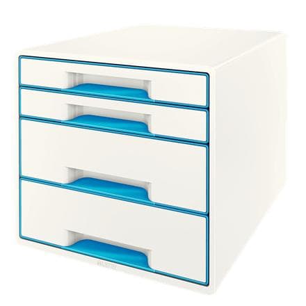 Leitz WOW Cube piedestal med 4 skuffer - Opbevaring med rum - Til kontor og hjemmearbejde - Ideel til hjemmekontor - Hvid/blå