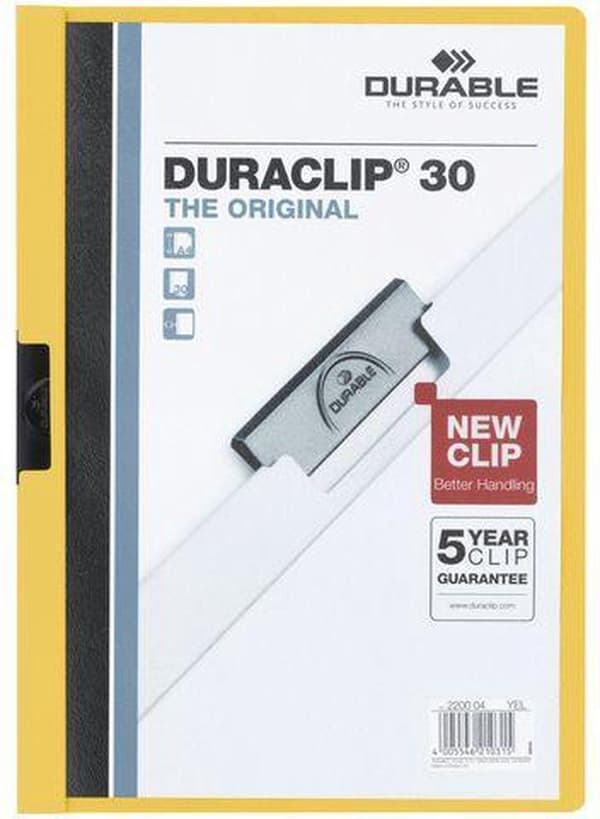 Holdbar Duraclip® Clip-fil, A4, 30 ark, 210 × 300 mm, gul (pakke med 25)
