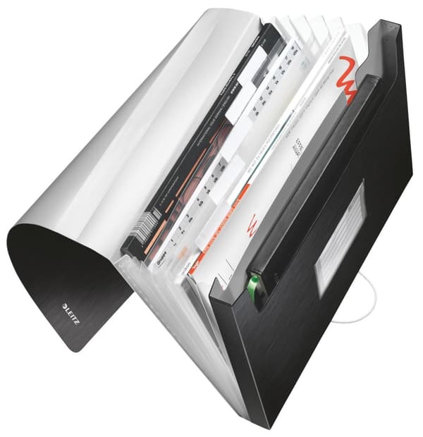 Leitz-stil plastprojektmappe med 6 udfoldelige rum og elastisk lukning - til A4-dokumenter - satinsort