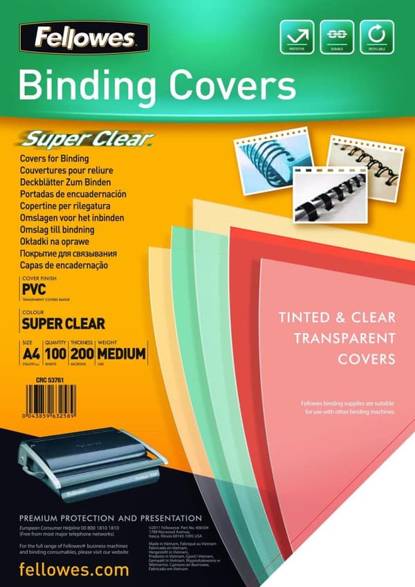 Fellowes päätepaperit A4 läpinäkyvä 200 mikronia 100 kpl PVC