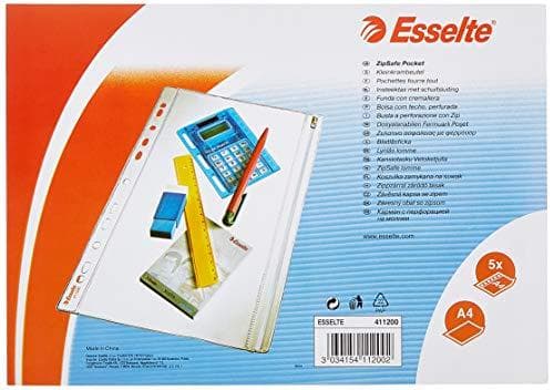 Esselte 411200 Pocket Dragkedja Flerhålad PVC Sidoöppning A4 - Klar, 5-pack