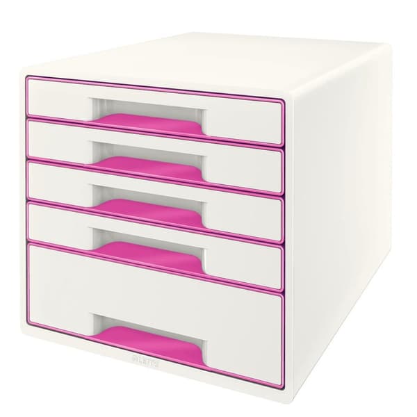 Leitz WOW Cube skuffeenhed med 5 skuffer - Opbevaring med rum - Til kontor og hjemmearbejde - Ideel til hjemmekontor - Hvid/Pink