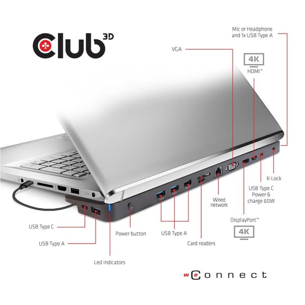 CLUB3D Typ C 3.2 Gen1 Triple Display Dynamisk PD Laddningsdocka 100W PD Laddare CSV-1564W100 Svart