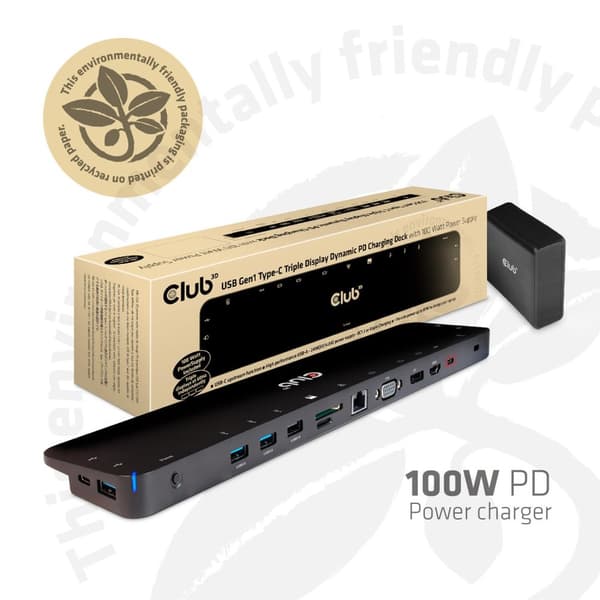 CLUB3D Typ C 3.2 Gen1 Triple Display Dynamisk PD Laddningsdocka 100W PD Laddare CSV-1564W100 Svart