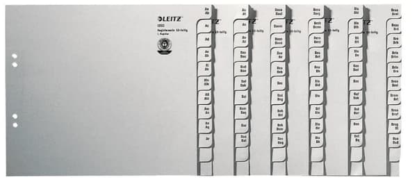 Leitz register, skillevæg med faner og alfabetisk præg AZ til 50 mapper, halv højde og ekstra bredde, grå, 100 % genbrugspapir, blå engle segl, 135000