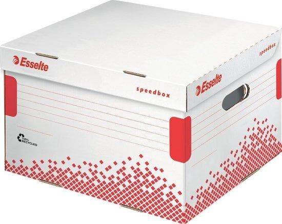 Esselte arkivhængslet lågkasse SPEEDBOX, størrelse: M, hvid/rød, lavet af 100% genbrugspap, 100% genanvendelig, FSC - 15 stk (623912)