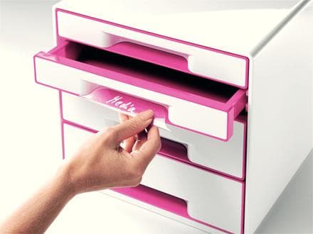 Leitz WOW Cube piedestal med 4 skuffer - Opbevaring med rum - Til kontor og hjemmearbejde - Ideel til hjemmekontor - Hvid/Pink
