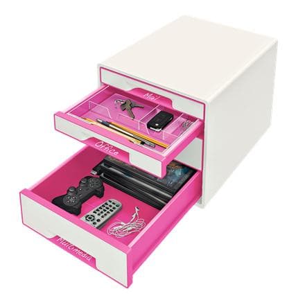 Leitz WOW Cube piedestal med 4 skuffer - Opbevaring med rum - Til kontor og hjemmearbejde - Ideel til hjemmekontor - Hvid/Pink