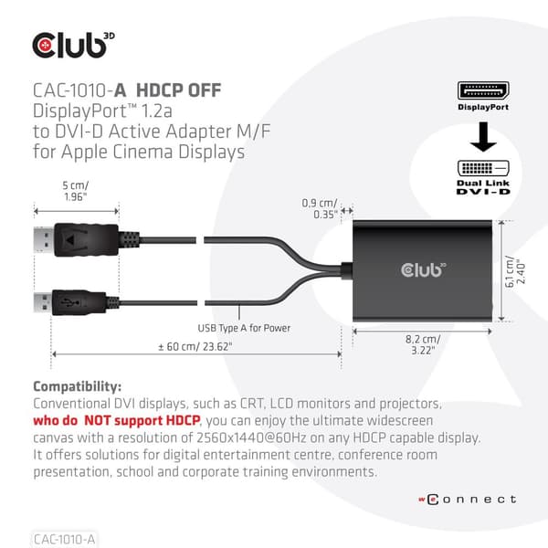 Club 3D CAC-1010-A aktiv adapter DisplayPort till DVI-D HDCP AV (för biovisningar)