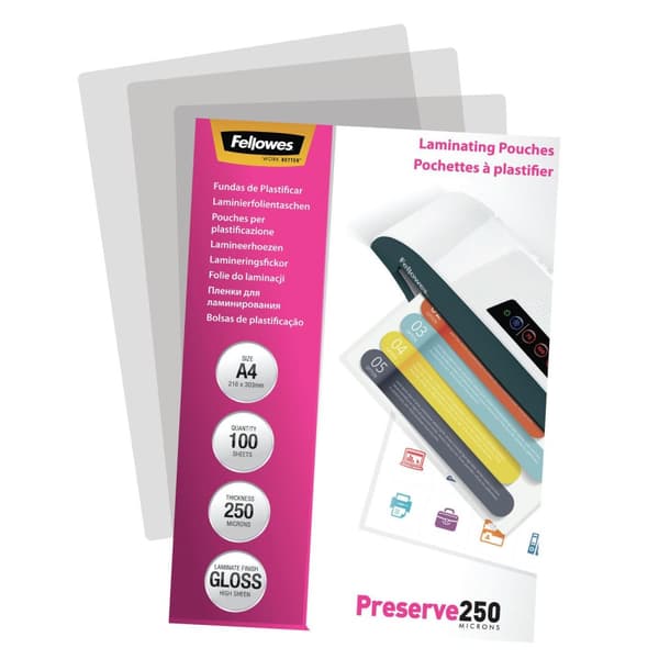 Fellowes A4 250 mikron (2 x 250 mic) lamineringspåsar blank finish Super Heavy Duty lamineringspåsar - förpackning med 100