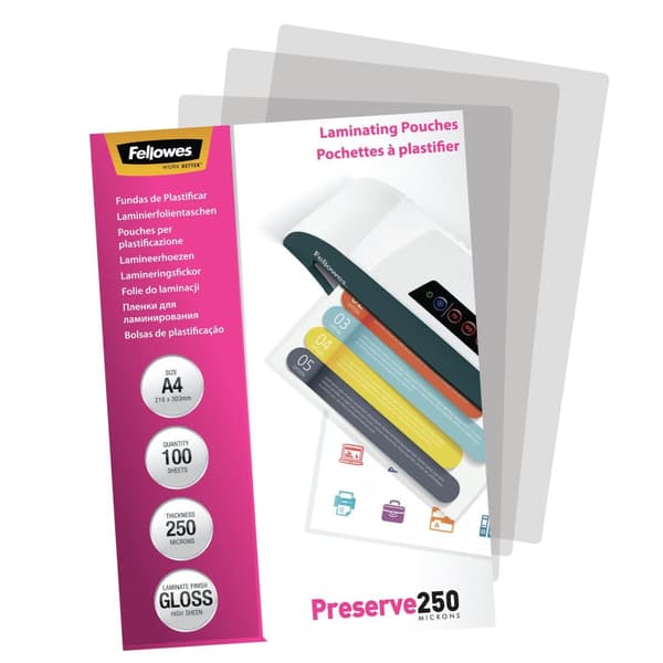 Fellowes A4 250 mikron (2 x 250 mic) lamineringspåsar blank finish Super Heavy Duty lamineringspåsar - förpackning med 100