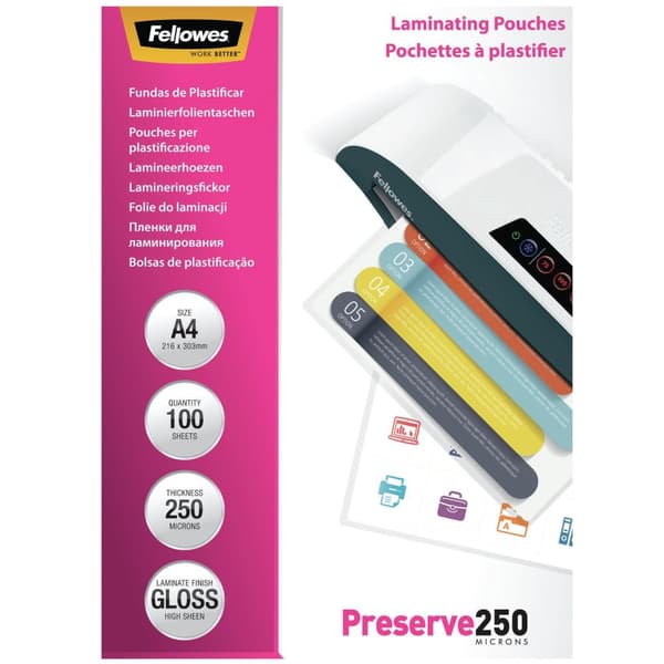 Fellowes A4 250 mikron (2 x 250 mic) lamineringspåsar blank finish Super Heavy Duty lamineringspåsar - förpackning med 100