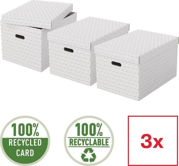 Esselte Home Sustainable Stor opbevaringsboks med låg - Sæt med 3 stykker - 100% genbrugspap og 100% genanvendelig - Hvid