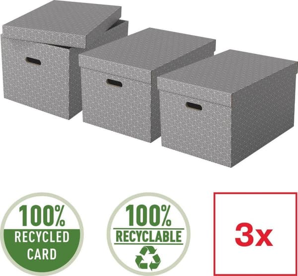 Esselte Home Kestävä suuri säilytyslaatikko kannella, 3 kappaleen sarja - 100 % kierrätettyä pahvia ja 100 % kierrätettävää - harmaa