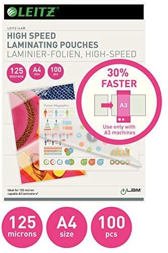 Leitz A3 Speed varmelamineringsfilm, pakke med 100 stk., blank, gennemsigtig, filmtykkelse 125 mikrofon, for 30 % hurtigere laminering, førsteklasses