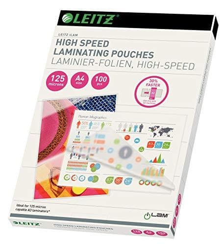 Leitz A3 Speed varmelamineringsfilm, pakke med 100 stk., blank, gennemsigtig, filmtykkelse 125 mikrofon, for 30 % hurtigere laminering, førsteklasses