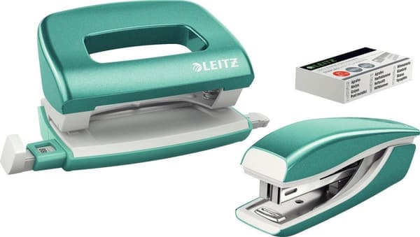 Leitz WOW Metal Mini Nitoja ja Rei'ityssetti - Sisältää niitit - Jäänsininen metalli - Ihanteellinen kotitoimistoon/kotityöpaikalle
