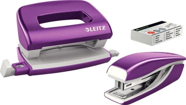 Leitz WOW Metal Mini Nitoja ja Rei'ityssarja - Sisältää niitit - Purppura metalli - Ihanteellinen kotitoimistoon/kotityöpaikalle
