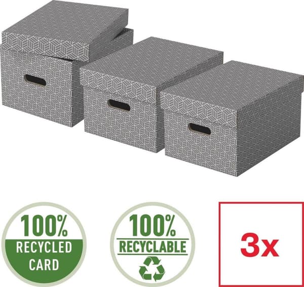 Esselte Home Sustainable Medium Storage Box med lock - Set med 3 delar - 100 % återvunnen kartong och 100 % återvinningsbar - Grå