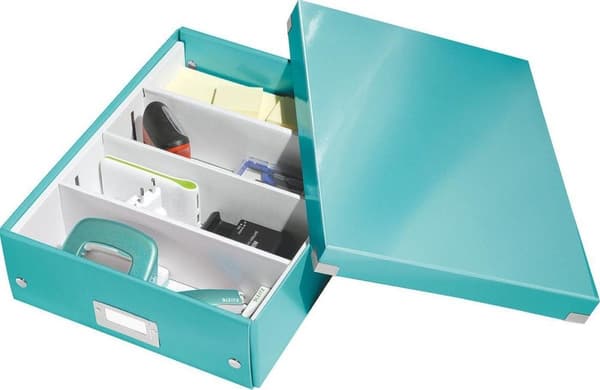 Leitz WOW Click & Store Medium papopbevaringsboks med låg - Pladsbesparende sorteringsboks med rum - 28,1 x 10 x 37 Cm (BxHxD) - Ideel til kontor og h