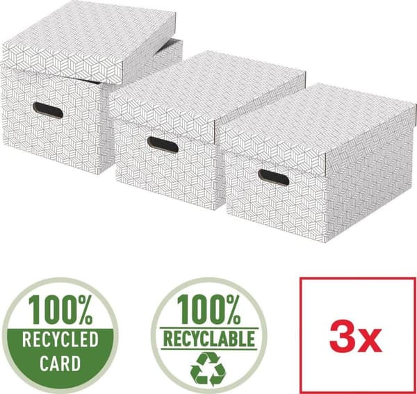 Esselte Home Kestävä keskisuuri säilytyslaatikko kannella, 3 kappaleen sarja - 100 % kierrätettyä pahvia ja 100 % kierrätettävää - valkoinen