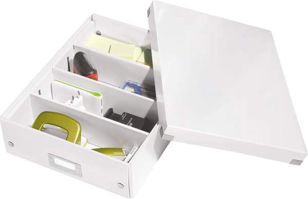 Leitz WOW Click & Store Medium kartongförvaringslåda med lock - platsbesparande sorteringslåda med fack - 28,1 x 10 x 37 cm (BxHxD) - Idealisk för kon