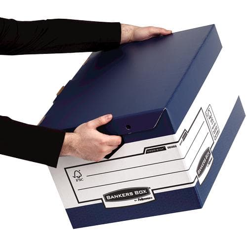 Fellowes BANKERS BOX SYSTEM arkivhængslet lågkasse Maxi ERGO-Stor, blå, lavet af 100% genbrugspap, FSC-certificeret - 10 stk (0048901)