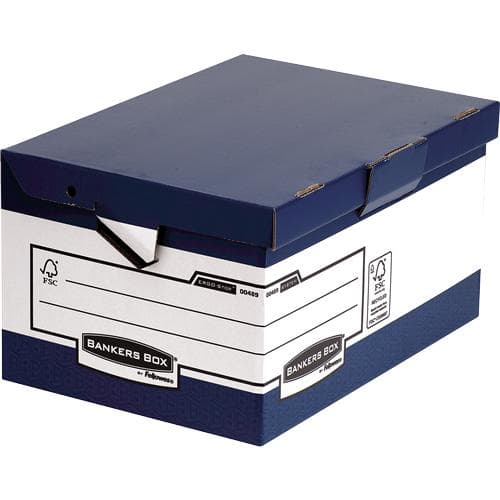 Fellowes BANKERS BOX SYSTEM arkivhængslet lågkasse Maxi ERGO-Stor, blå, lavet af 100% genbrugspap, FSC-certificeret - 10 stk (0048901)