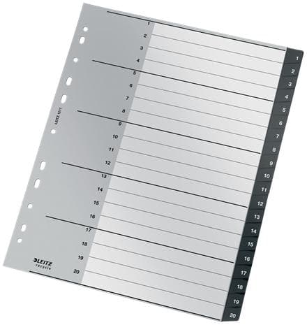 Leitz Recycle Index Tabs 1-20 Muoviset A4-kielekkeet - Erittäin leveät - 90 % kierrätettyä muovia, ilmastoneutraali ja 100 % kierrätettävä - Kestävyys