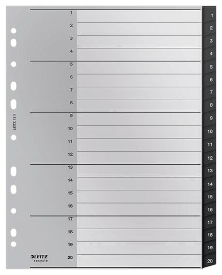 Leitz Recycle Index Tabs 1-20 Muoviset A4-kielekkeet - Erittäin leveät - 90 % kierrätettyä muovia, ilmastoneutraali ja 100 % kierrätettävä - Kestävyys