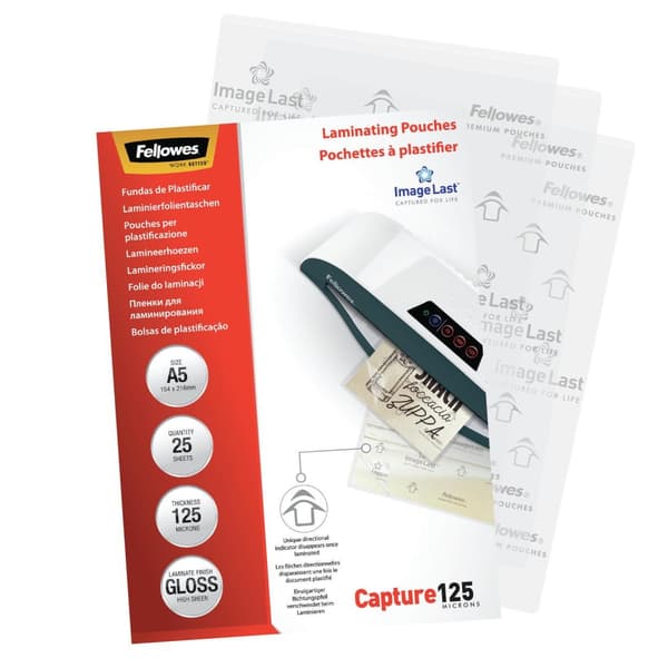 Fellowes-laminointipussit Capture 125 mikronia - 25 kpl:n pakkaus - Kiiltävä - A5 (148 x 210 mm) - Laminointipussit (53961)