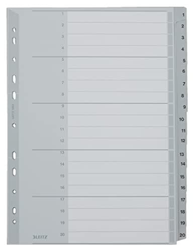 Leitz-rekisteri A4, pahvikansi ja 20 muovista välilevyä, välilehdet numeroilla 1-20, erittäin leveä, harmaa, 12840000, 1-20, A4, PP, 20 arkkia