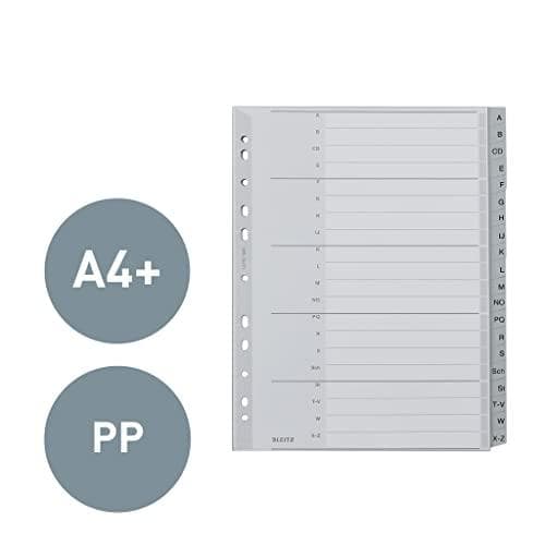 LEITZ muovirekisteri, AZ, A4 erittäin leveä, 20-osainen harmaa, PP, 0,12 mm, kansilevy (1260-00-00), johon voidaan kirjoittaa