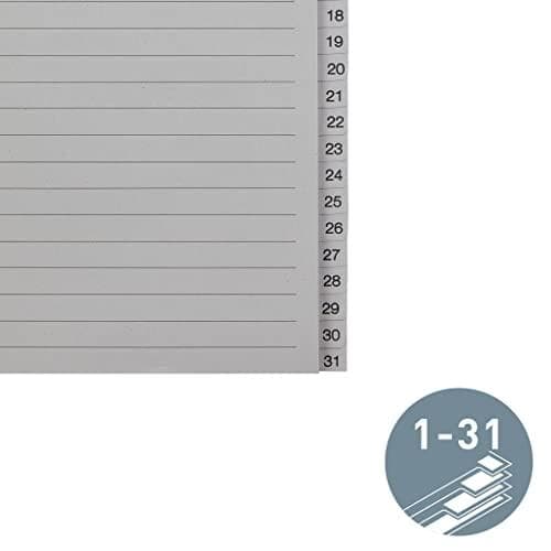 LEITZ köysipaperirekisteri, numerot, A4 lisäleveys, 1-31, harmaa 31-osainen, 100 g/m², lävistys: 80 mm, reikävahvike (1231-00-85)