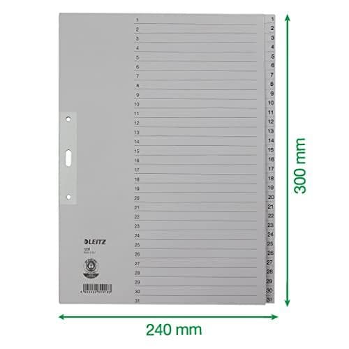 LEITZ köysipaperirekisteri, numerot, A4 lisäleveys, 1-31, harmaa 31-osainen, 100 g/m², lävistys: 80 mm, reikävahvike (1231-00-85)