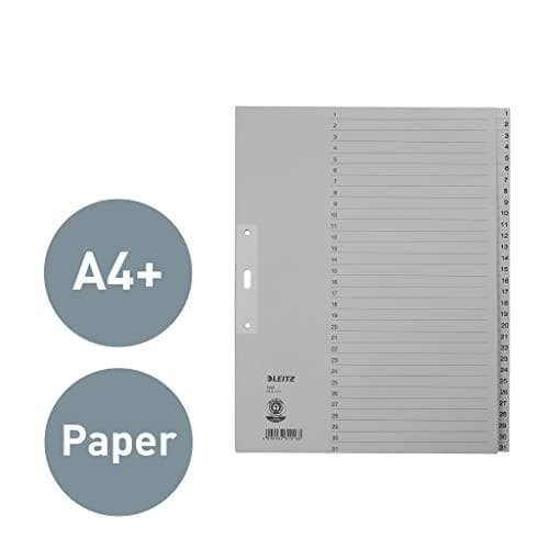 LEITZ köysipaperirekisteri, numerot, A4 lisäleveys, 1-31, harmaa 31-osainen, 100 g/m², lävistys: 80 mm, reikävahvike (1231-00-85)