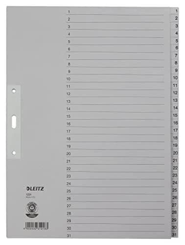 LEITZ köysipaperirekisteri, numerot, A4 lisäleveys, 1-31, harmaa 31-osainen, 100 g/m², lävistys: 80 mm, reikävahvike (1231-00-85)