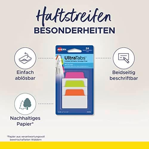 AVERY Zweckform liimanauhat UltraTabs Neon 25,4 x 38 mm kirjoitettavat kielekkeet, valmistettu polyesterista, paperipäällysteinen - 1 kpl (74759)
