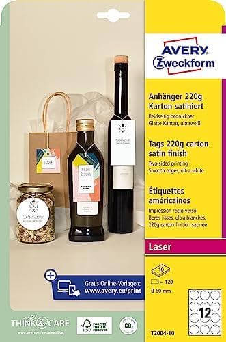 AVERY Zweckform -lappu, pahvi, 220 g/m², halkaisija: 60 mm pyöreä, valkoinen, satiinipinta, ehdottoman sileät reunat, molemmin puolin - 1 kpl (T2004-1