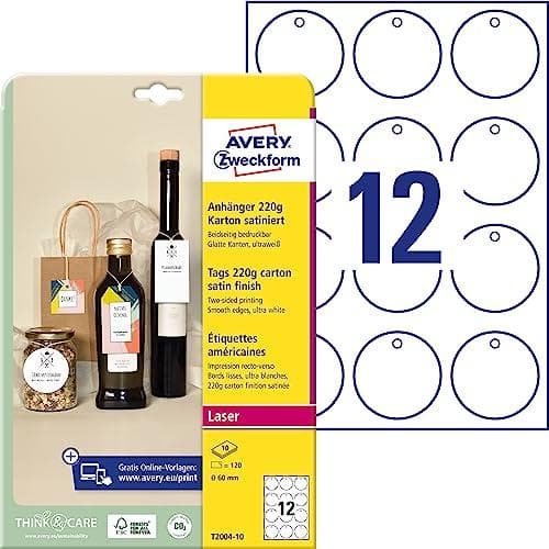 AVERY Zweckform -lappu, pahvi, 220 g/m², halkaisija: 60 mm pyöreä, valkoinen, satiinipinta, ehdottoman sileät reunat, molemmin puolin - 1 kpl (T2004-1