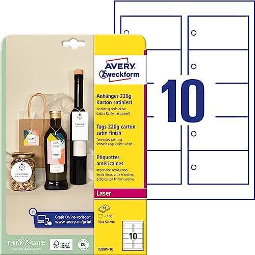 AVERY Zweckform -lappu, pahvi, 220 g/m², 90 x 50 mm, satiinivalkoinen, ehdottoman sileät reunat, painatus molemmille puolille - 1 kpl (T2001-10)