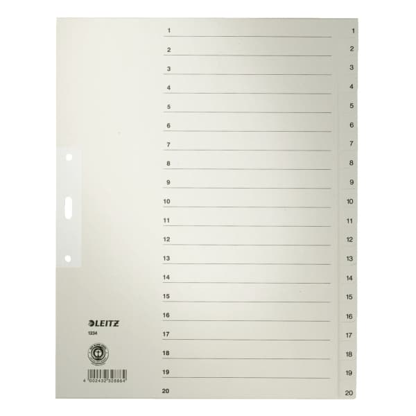 LEITZ köysirekisteri, numerot, A4 lisäleveys, 1-20, harmaa 20 osaa, 100 g/m², rei'itys: 80 mm, reikävahvikkeella (1234-00-85)